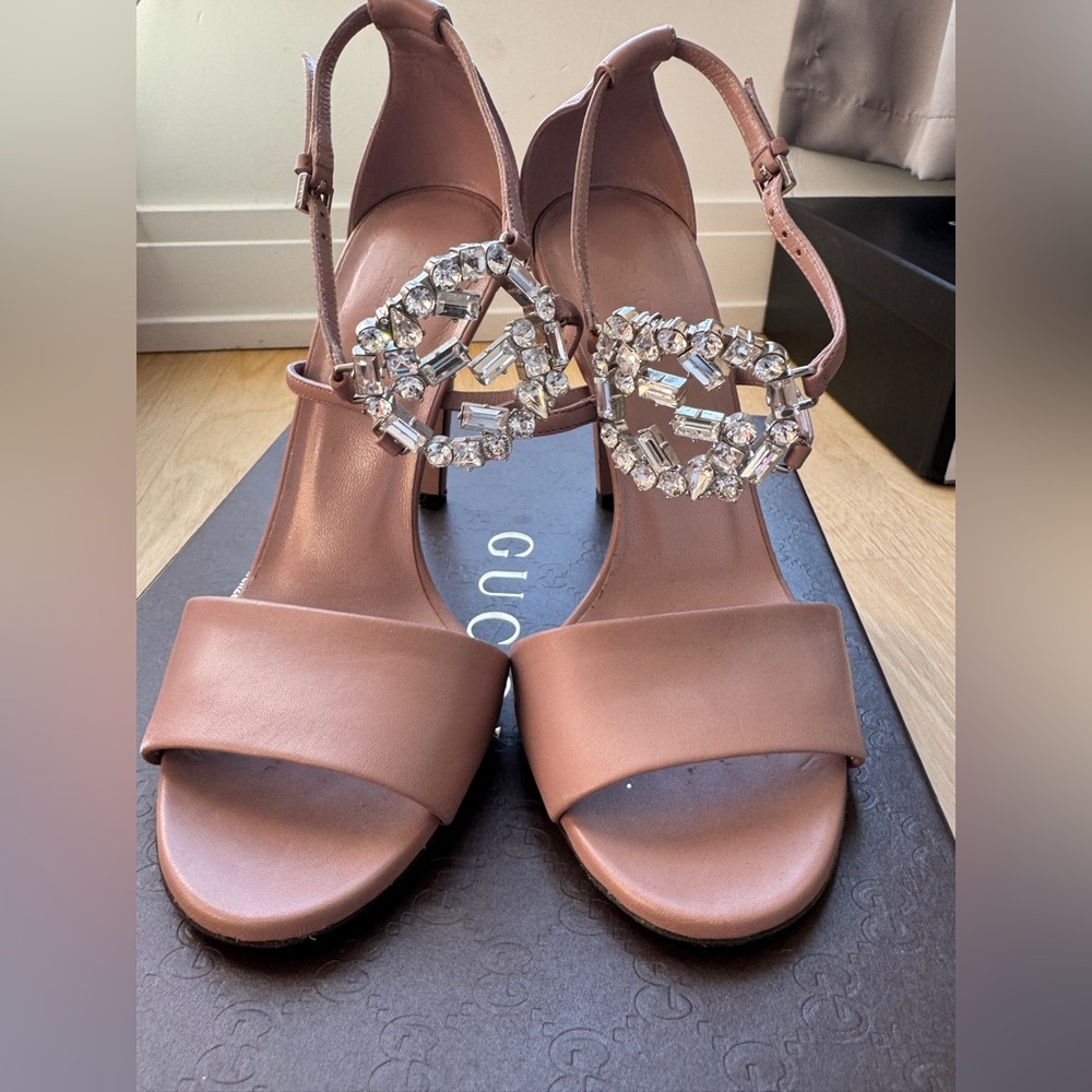 GUCCI | GG Crystal Embellished Nude Leather High Heel Strappy Sandal EU 36 US 6